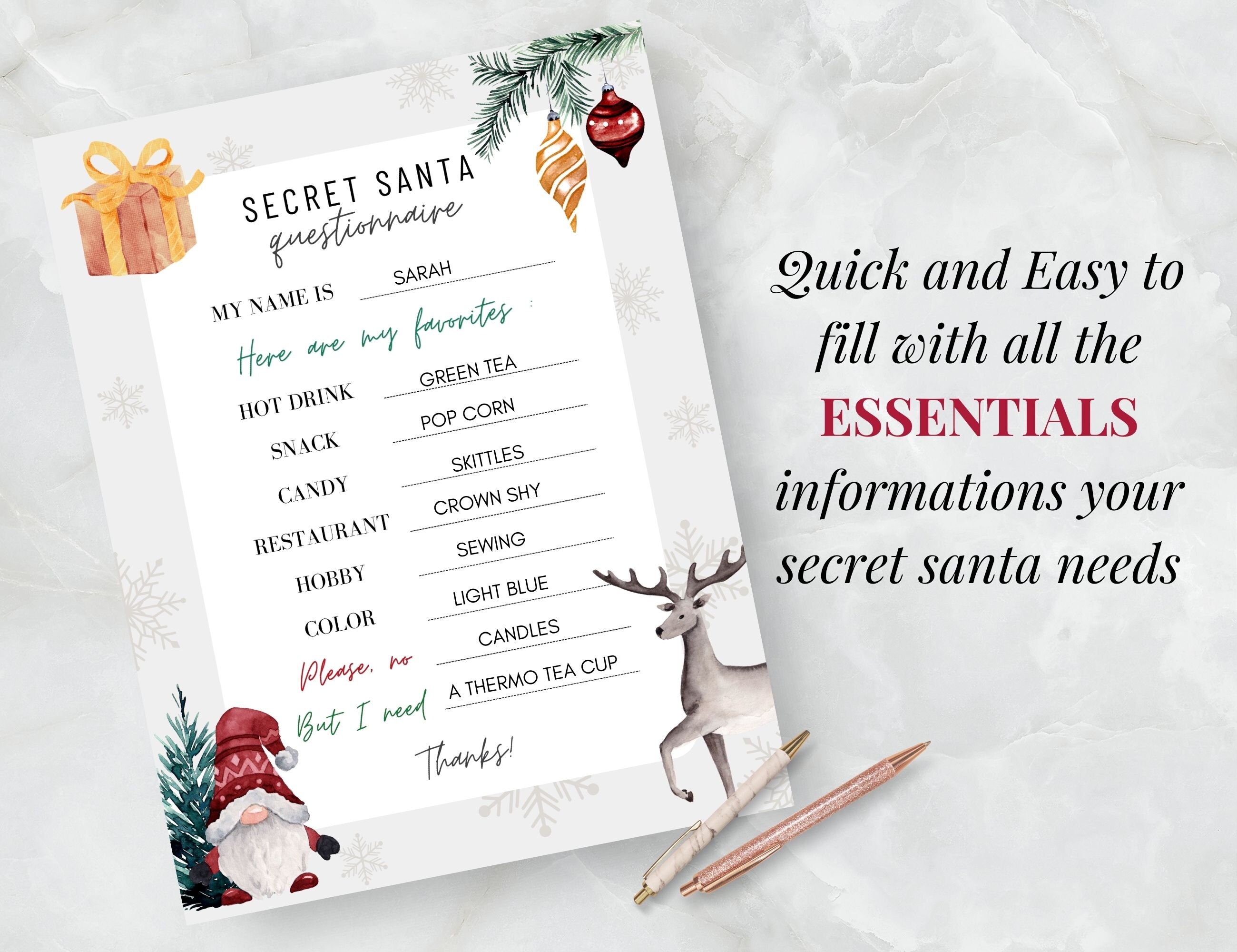 Secret Santa Questionnaire Printable, Secret Santa Form 4 to a Page ...