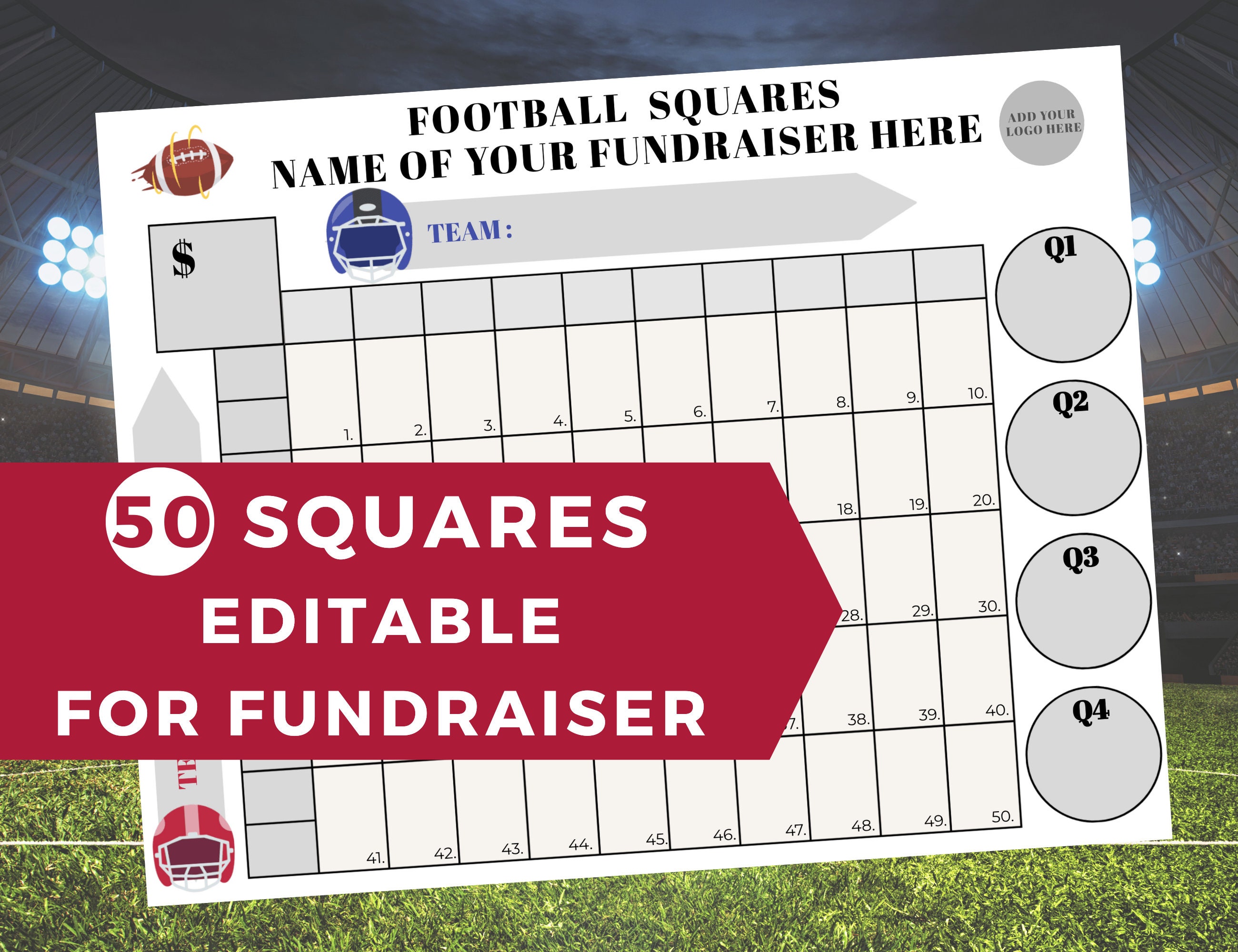 Editable Football Fundraiser Squares 50 Squares Etsy