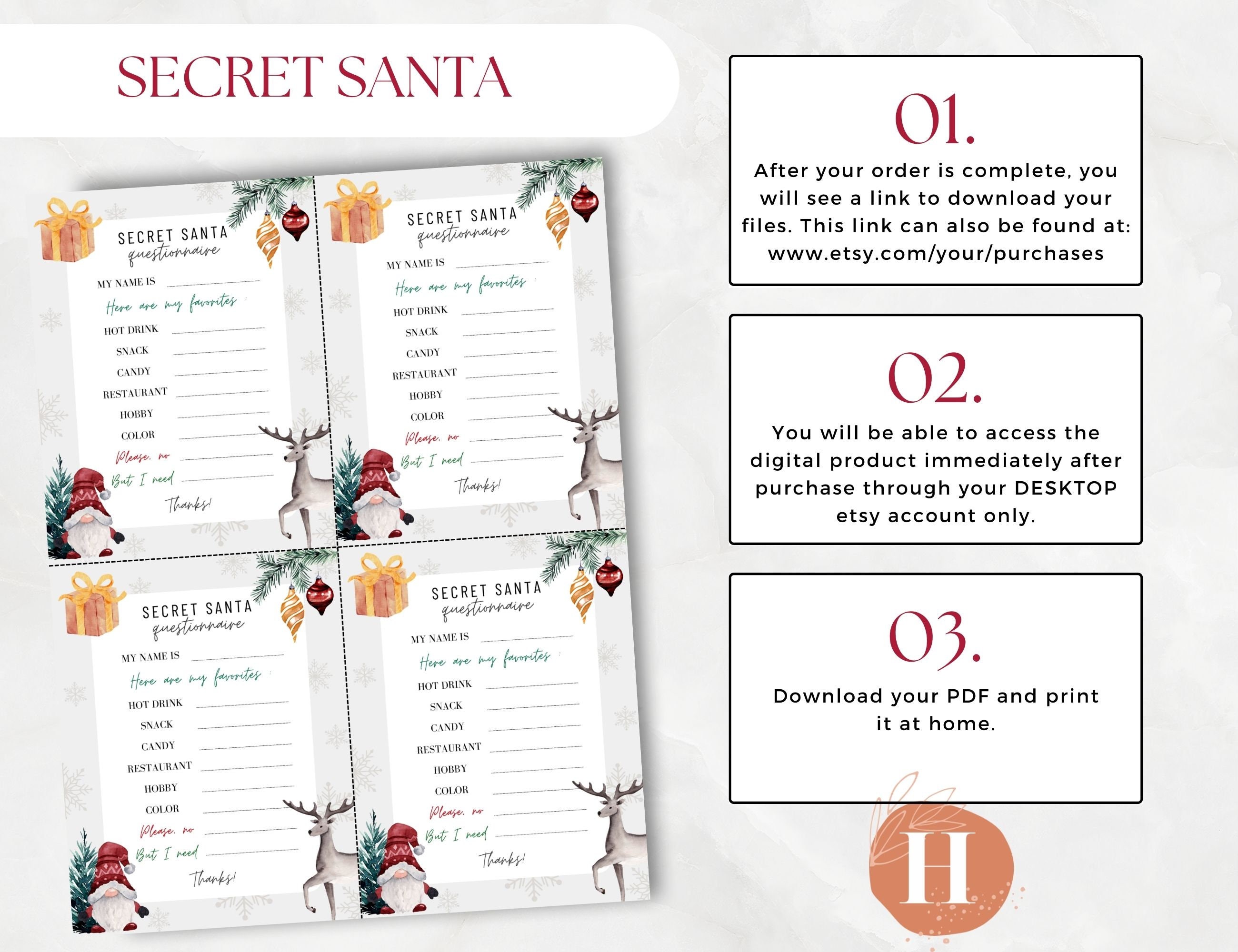 Secret Santa Questionnaire Printable, Secret Santa Form 4 to a Page ...