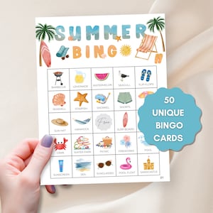 Gioco del bingo estivo stampabile, festa del bingo in spiaggia, attività estiva divertente per bambini, gioco stampabile per le vacanze, gioco per famiglie per le vacanze, 50 cartelle del bingo