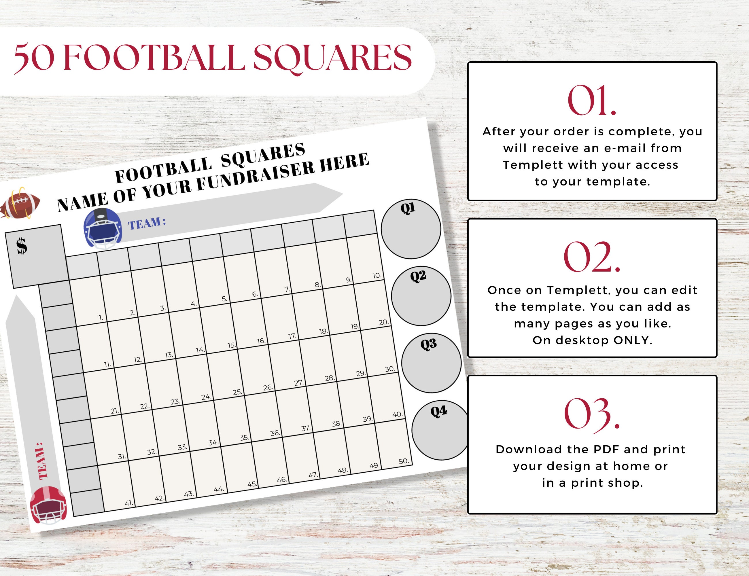 Editable Football Fundraiser Squares 50 Squares Etsy