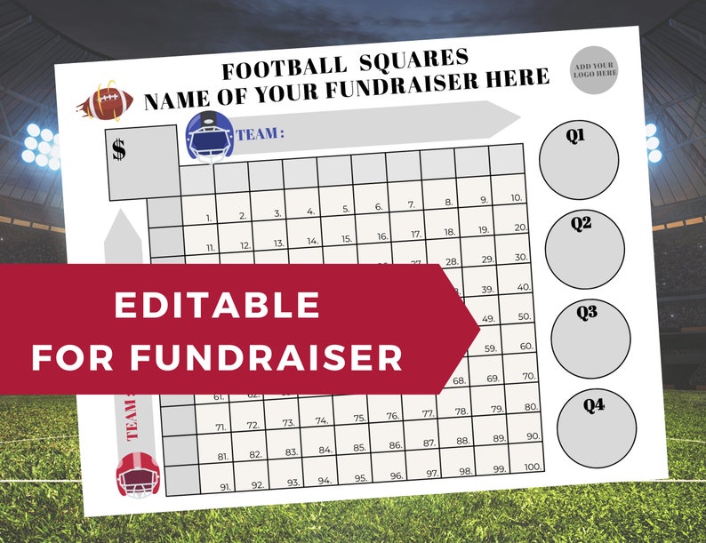 Editable Football Fundraiser Squares, 100 Squares Template, Fundraiser Editable Football Fundraiser Squares, 100 Squares Template, Fundraiser