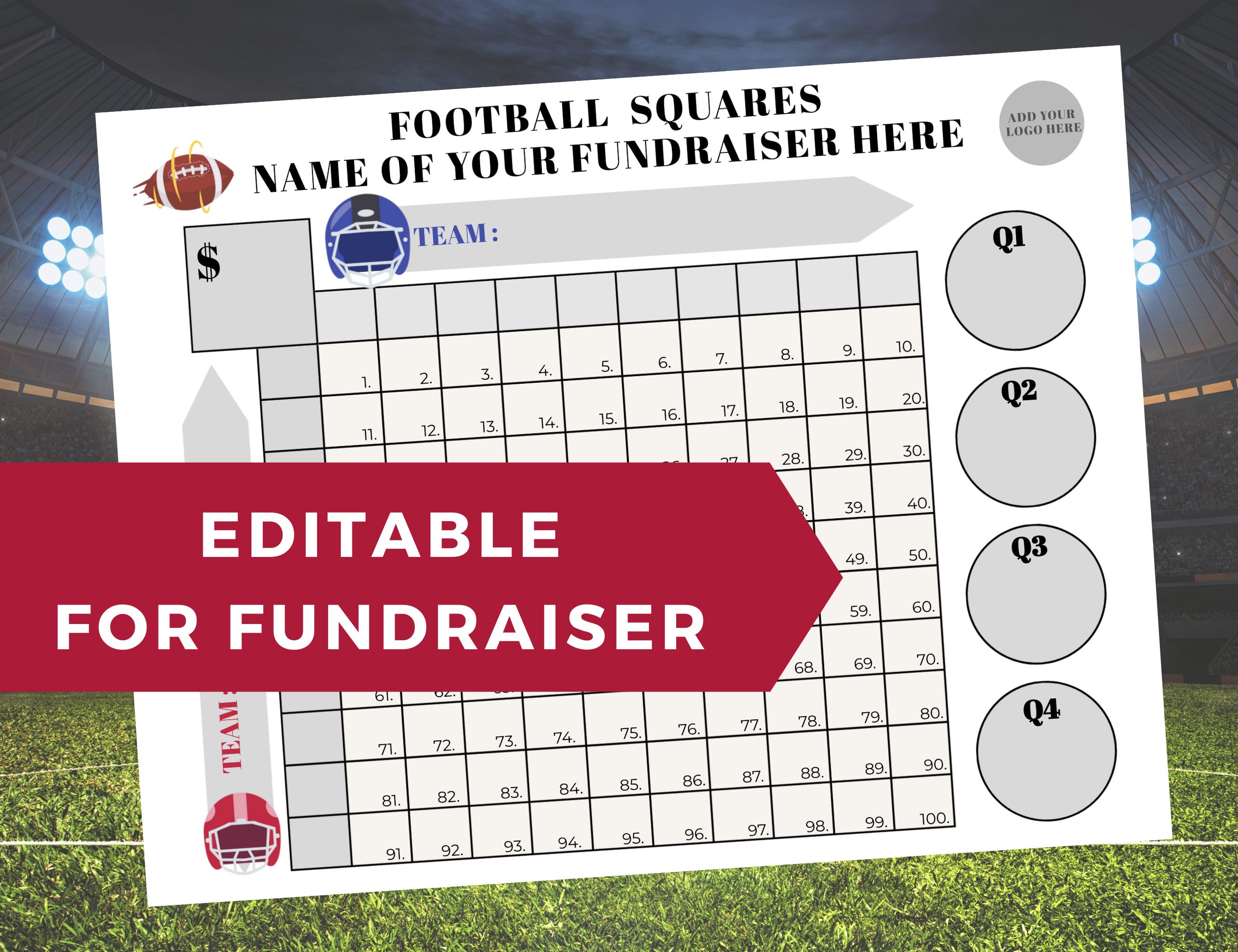 Editable Football Fundraiser Squares 100 Squares Template Fundraiser 