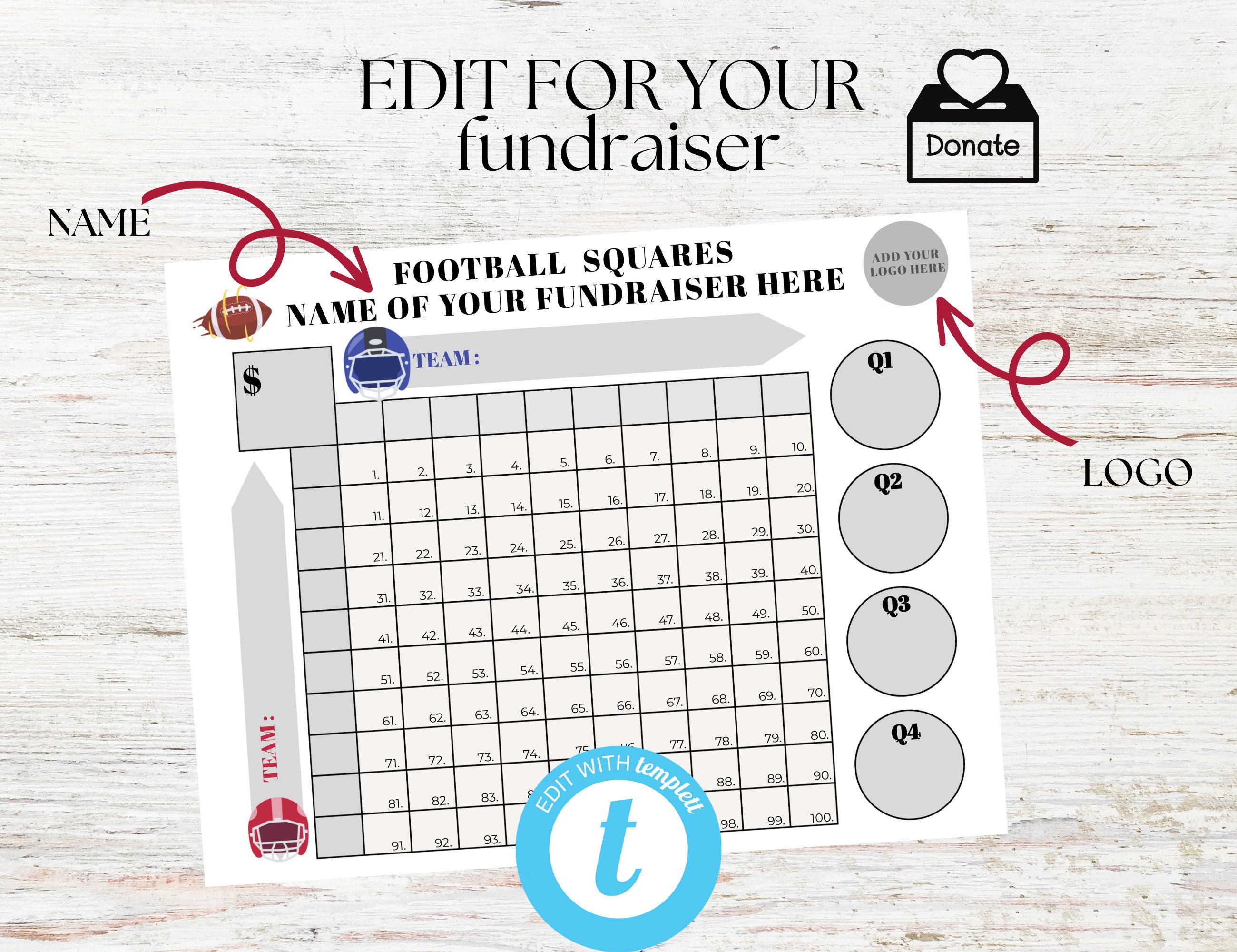 Editable Football Fundraiser Squares 100 Squares Template Etsy Editable Football Fundraiser Squares 100 Squares Template Etsy