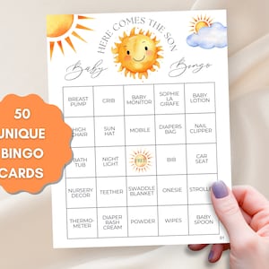 Here Comes The Son Baby Shower Bingo Tarjetas precargadas, Baby Shower Gifts Bingo Game, Sunshine Baby Shower Activity Game, PRINTABLE 50 Cards