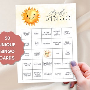 Sunshine Baby Shower Game Bingo Prefilled Cards, Here Comes The Sun, Baby Shower Gifts Bingo Game Activity, Sun Theme, PRINTABLE 50 Cards