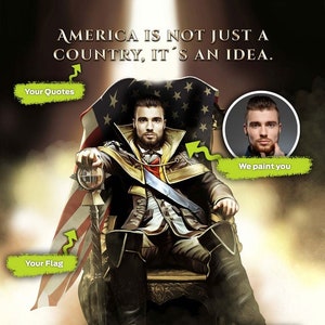 Könnte beinhalten: Eine digitale Illustration einer Person, die auf einem Thron sitzt, mit einer amerikanischen Flagge dahinter. Die Person trägt ein rot-weiß-blaues Outfit und hat einen ernsten Gesichtsausdruck. Der Text "AMERICA IS NOT JUST A COUNTRY, IT'S AN IDEA." befindet sich oben im Bild. Der Text "David Miller" befindet sich unten im Bild.