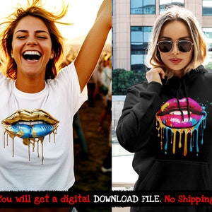 May include: Two women wearing shirts with a dripping, colorful, and gold lip design. The shirt on the left is white with a gold lip and blue dripping paint. The shirt on the right is black with a pink lip and multi-colored dripping paint.