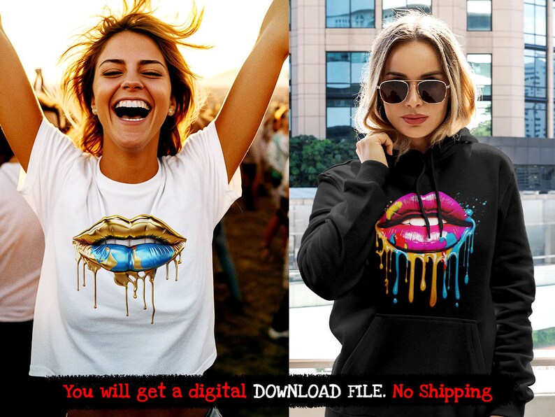 May include: Two women wearing shirts with a dripping, colorful, and gold lip design. The shirt on the left is white with a gold lip and blue dripping paint. The shirt on the right is black with a pink lip and multi-colored dripping paint.