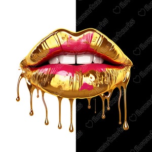 May include: A pair of lips with a gold paint dripping down, the lips are painted pink.