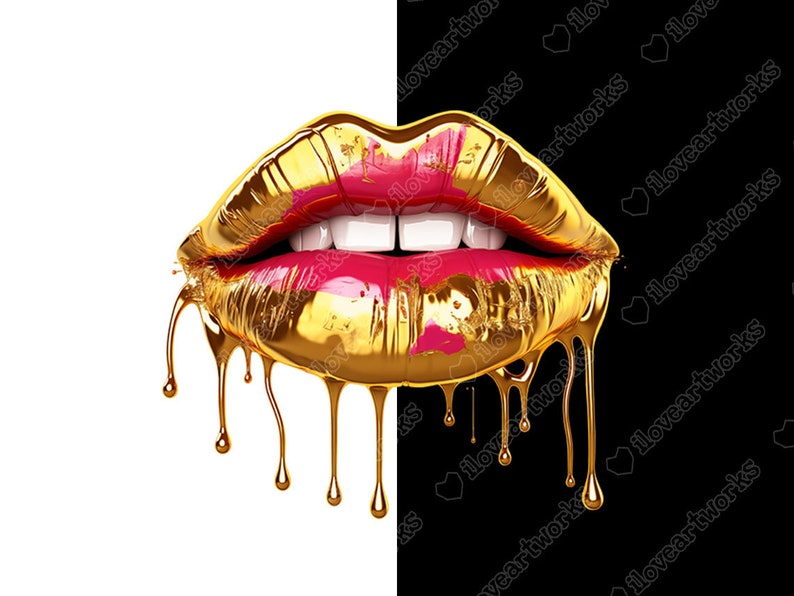 May include: A pair of lips with a gold paint dripping down, the lips are painted pink.