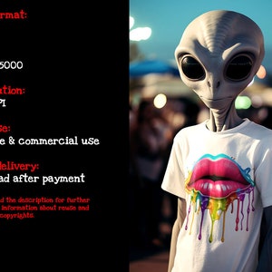 May include: A gray alien wearing a white t-shirt with a colorful graphic of a dripping, red, pink, and purple lip print. The alien has large, black eyes and a gray, smooth head.