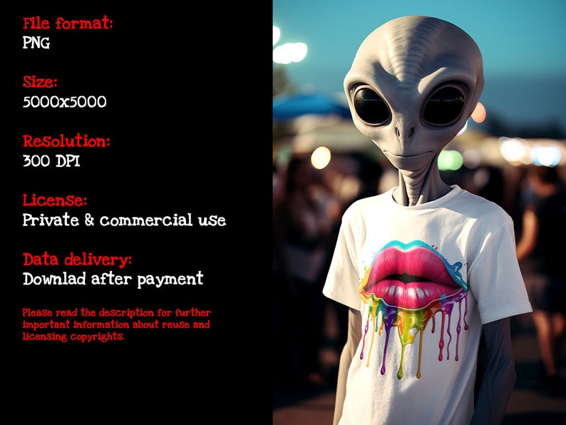 May include: A gray alien wearing a white t-shirt with a colorful graphic of a dripping, red, pink, and purple lip print. The alien has large, black eyes and a gray, smooth head.