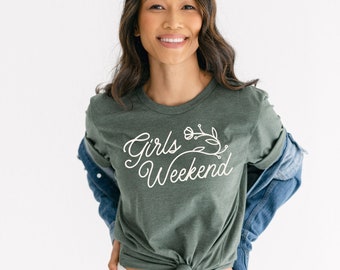 Forest Green Girls Weekend Shirt, Soft Floral Women's Tee, Shirts for Friends, Matching T-Shirts for Girls Trip, Women Getaway Travel Outfit