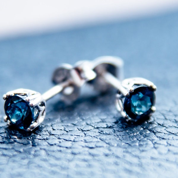 Natural Round London Blue Topaz Stud Earrings Set in Sterling Silver Filigree Push-back