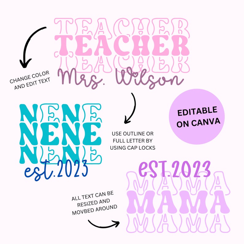 Może przedstawiać: Edytowalny projekt cyfrowy dla nauczyciela, mamy lub dziecka. Projekt zawiera słowo "Teacher", "Mama" lub "Nene" ułożone jedno na drugim w retro czcionce. Tekst "est. 2023" znajduje się pod słowem. Projekt jest r&oacute;żowy, niebieski i biały.