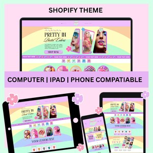 May include: A Shopify theme displayed on a computer, tablet, and phone. The theme is titled "Pretty in Pastel Colors" with a pastel rainbow background. The theme is compatible with computers, iPads, and phones.