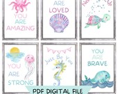 Watercolor Ocean Animal Printable Art, PDF, Classroom Theme Posters, Watercolor Playroom Prints, Homeschool, Inspirational Quotes, Decor