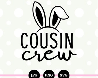 Peut inclure: Graphique noir et blanc avec le texte "COUSIN CREW" surmonté d'oreilles de lapin. En dessous, trois cercles noirs avec les abréviations "JPG", "PNG" et "SVG". Fond vert clair à pois blancs et une ligne rose.