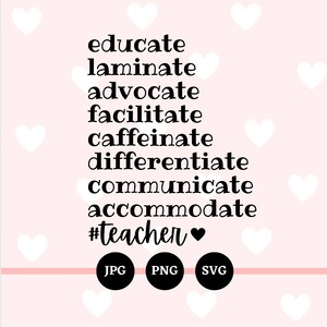 Puede incluir: Gráfico de texto en blanco y negro con las palabras "educar, laminar, defender, facilitar, cafeinar, diferenciar, comunicar, acomodar, #maestro" con un símbolo de corazón. El gráfico está sobre un fondo rosa con corazones blancos.