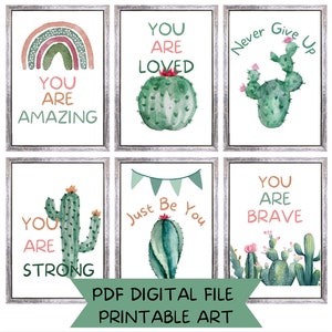 Boho Kaktus druckbare Kunst, PDF, Aquarell Thema, Retro, Klassenzimmer Poster, Spielzimmer, Kindergarten, Homeschool, Zitate, Positive Affirmationen