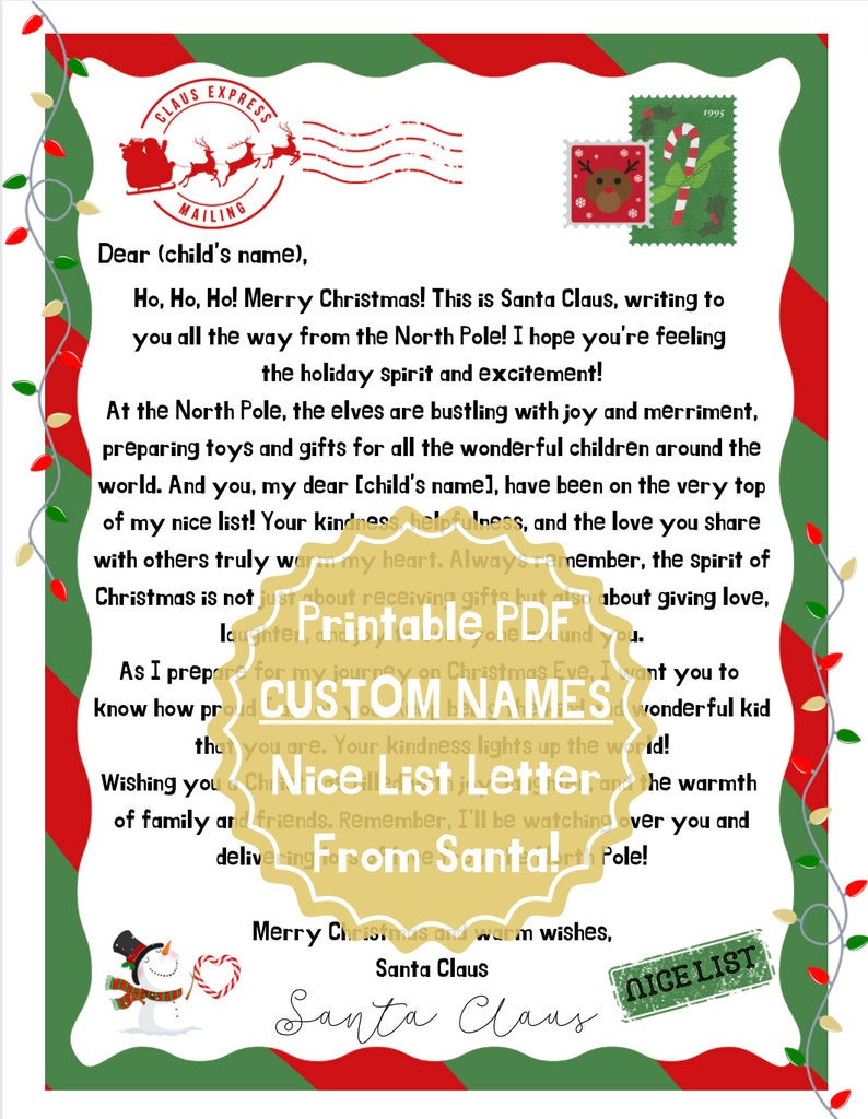 Printable &amp; Personalized NICE List Letter From Santa, PDF File, Digital ...