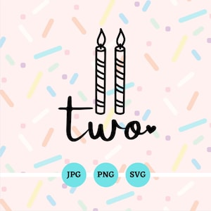 May include: Black and white illustration of two birthday candles with the word "two" written in a cursive font. The candles are striped and have flames on top.