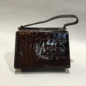 Vintage 1960&#39;s Brown Faux Alligator Belstone Top Handle Bag