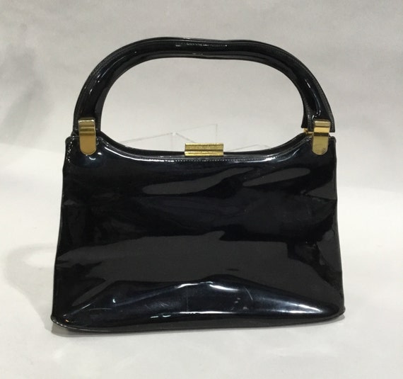 Vintage 1960's Black Patent Leather Top Handle Bag - image 4