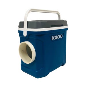 May include: A blue Igloo cooler with a white handle and a white circular opening on the side. The cooler has a gray lid and the Igloo logo is visible on the side.