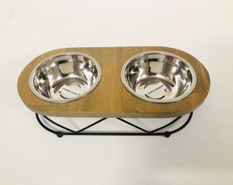 Elevated Wooden Cat Food Bowl - Whisker Friendly Orthopedic Feeding Station, Anti-Vomiting, Stainless steel