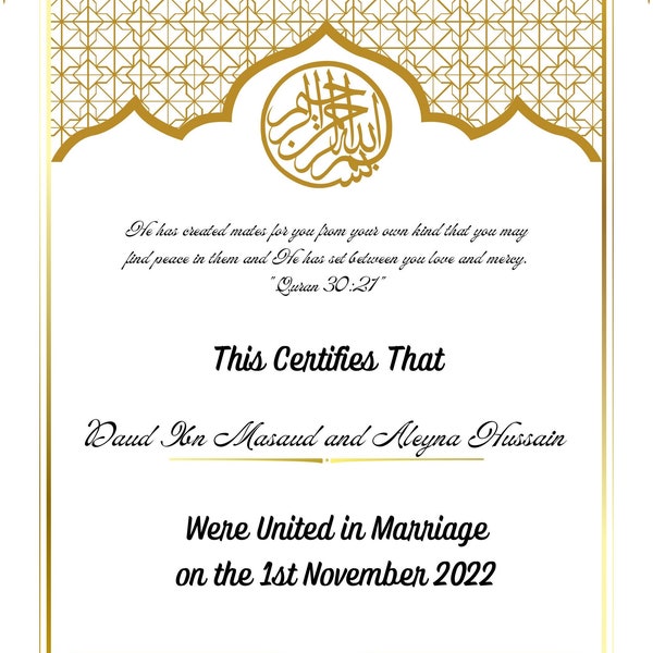 Certificato di matrimonio islamico d'oro, certificato Nikah modificabile, modello di disegno geometrico dorato, matrimonio musulmano Nikkah stampabile scaricabile
