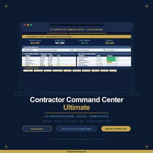 May include: A dark blue graphic with the text "Contractor Command Center Ultimate" and "14 Professional Excel Templates." The image shows a dashboard with project stats and milestones, designed for contractors.