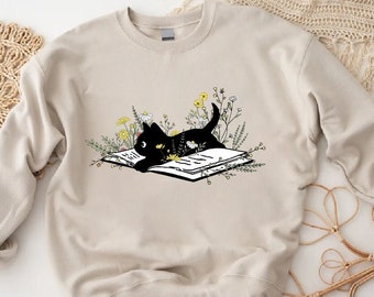 Bookish Sweatshirt, Book Lover Sweatshirt, Gift for Cat Lover, Cute Cat Book Sweatshirt, Librarian Gifts For Women, Floral Cat Sweatshirt