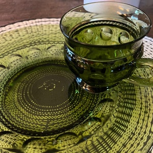 Set of 6 Avocado Green luncheon sets. Thumbprint King’s Crown Design. Made by Indiana glass company. *** 103