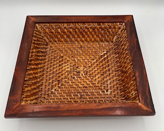 Vintage Rattan and wood tray. 11x11” *** 285