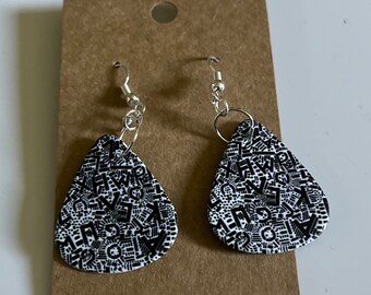 Music To Your Ears - Guitar Pick Earrings (Alphabet Soup, Black & White)
