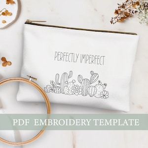 Suculenta cartera de bordado a mano, bolsa de cosméticos, bolsa de maquillaje personalizada, bordado para principiantes, patrón de bordado de cactus, artesanía de bricolaje para mujeres