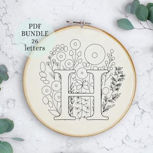 Letras modernas de bordado a mano, plantilla de letras de bordado del alfabeto, arte del aro de bordado inicial, bordado de moda, plantilla de bordado
