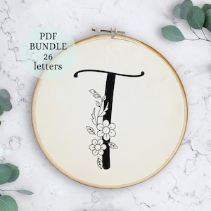 Initial embroidery, letter Embroidery PDF Pattern, Wildflowers Alphabet hand embroidery, botanical flower PDF download pattern, PDF pattern