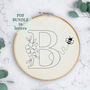 Bordado de alfabeto de abelha, letras de bordado de flores silvestres, padrão de bordado de alfabeto, bordado de letras, monograma floral, download instantâneo