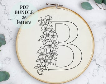 Floral Alphabet Embroidery Pattern, 6 inch, Instant Digital Download, Letter Embroidery Design, hoop art Floral Monogram, wildflowers design