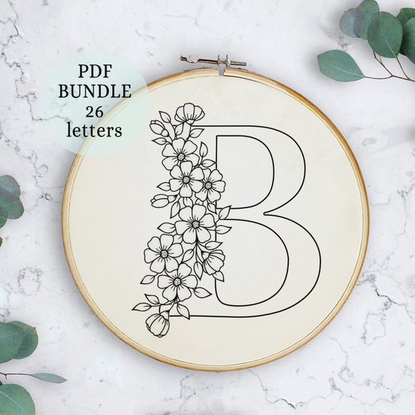 Floral Alphabet Embroidery Pattern, 6 inch, Instant Digital Download, Letter Embroidery Design, hoop art Floral Monogram, wildflowers design