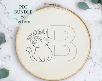 Hand Embroidery Bundle, Hand Embroidery Patterns, Alphabet Collection, PDF Embroidery Pattern, Beginner Pattern, cat design, cat pdf pattern