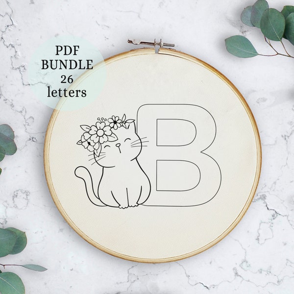 Hand Embroidery Bundle, Hand Embroidery Patterns, Alphabet Collection, PDF Embroidery Pattern, Beginner Pattern, cat design, cat pdf pattern