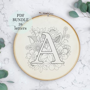 Bordado de alfabeto completo, padrão em PDF, alfabeto floral, design de bordado à mão faça você mesmo, ponto cruz de monograma, arte de bordado inicial em bastidor