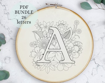 Complete alphabet embroidery, pdf pattern, Floral Alphabet, DIY Hand Embroidery Design,  Monogram Cross Stitch, Initial Embroidery Hoop Art