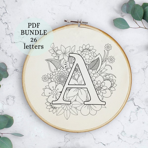 Komplettes Alphabet Stickerei, PDF-Muster, Floral Alphabet, DIY Handstickerei, Monogramm Kreuzstich, Stickrahmen Art