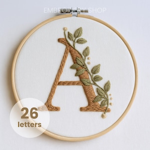 Complete alphabet embroidery, pdf pattern letter embroidery design with flowers, floral monogram initial instant digital download hoop decor