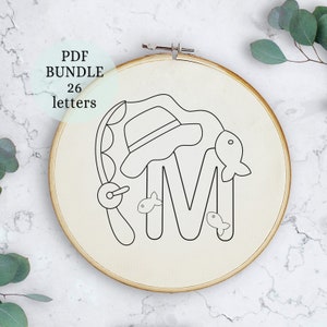 Boys alphabet letters,  Hand Embroidery Pattern, Digital PDF Download, Instant Download, Hand Embroidery, Detailed DIY Monogram, fishing Art